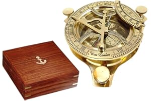THOR INSTRUMENTS Solid Brass 4" Sundial Compass - with Wooden Box Rustic Vintage Home Decor Gifts
