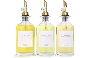 Ezebesta Set of 3 Coffee Syrup Glass Dispenser Bottles 480ml Pump Bottles with 20 Labels for Coffee Bar Organization - PUMP PATENT REGISTERED