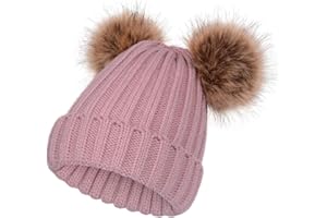 SERENYOU Kids Winter Beanie Hat Double Pom Pom Toddler Boys Girls Warm Knitted Bobble Cap Aged 3-10
