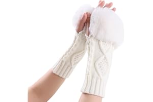 XIAOHAWANG Winter Arm Warmers Women Knit Wrist Warmers with Thumb Hole Faux Fur Fingerless Gloves