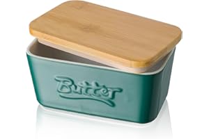 Mantequillera de Porcelana con Tapa de Madera, Henten Home Contenedor Grande para Mantequilla, Recipiente Hermética para Todo Tipo de Mantequilla(Verde Mate)