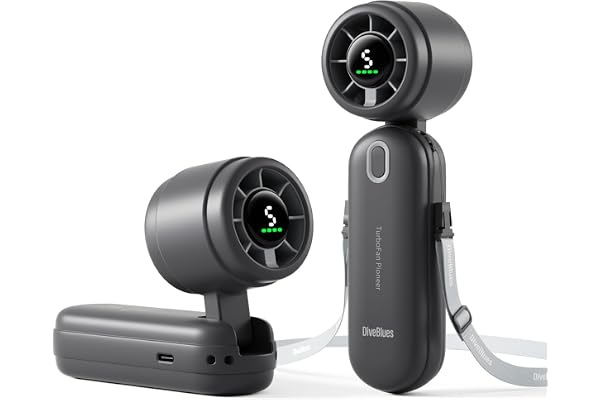 Diveblues iTurbo Ventilateur portable, vitesse élevée de 9 m/s, 5 vitesses, affichage LED, 3en1, portable, de cou et de table, mini ventilateur pour les voyages, la plage, le travail et l'extérieur