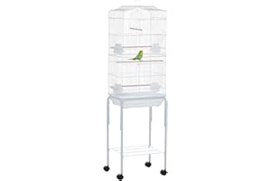 PawHut Gabbia per Uccelli, Voliera in Metallo e Acciaio con Ruote, Trespoli e Ciotole, 46.5x36x157cm, Bianco