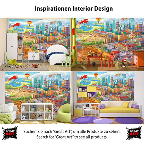 Fototapete Kinderzimmer comic style – Wandbild Dekoration Wimmelbild Großstadt Baustelle Hubschrauber Flugzeug Bagger Flughafen | Foto-Tapete Wandtapete Fotoposter Wanddeko by GREAT ART (336 x 238 cm) - 4
