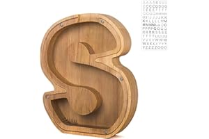 FOHYLOY Wooden Letter Piggy Bank, Personalized A-Z Letter Piggy Bank for Kids and Adults, Wooden Coin Bank Money Box with Alphabet Stickers, Home Decoration Birthday Gift for Boys and Girls (S)