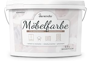 derendo Möbelfarbe Holzfarbe weiß für Innen – Ohne Schleifen, Kratzfest & Hochdeckend – Wasserbasierter Lack für Möbel, Türen & Küchen – Emissionsarm & Pflegeleicht Reinweiss, 2,5 Liter