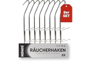 ‎NØMIS Räucherhaken Set | Fleischerhaken Edelstahl für Fisch und Fleisch | Edelstahl Räucherhaken Forelle, Lachs, Markele, Aal und mehr | Räucherhaken Fisch | 21cm lang | Räucherofen u. Räucherchips Zubehör