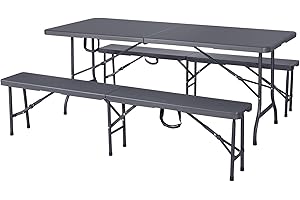 HATTORO Ensemble de meubles de jardin - Table pliante - Table de camping - Banc de camping - Banc de buffet - Banc pliable - Portable - Gris