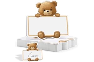 BETESSIN 50 Pcs Teddy Bear Place Card Baby Shower Decoration Gender Reveal Table Seating Cards Paper New Baby Name Cards for Birthday Wedding Dinner Party Supply