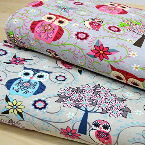 Jersey-Stoff "Indie Eule" bunt / Kinder-Baumwoll-Jersey / Beste Öko-Tex Qualität / Meterware ab 50cm / UX-10-5 (01. Rot Pink Grün auf Grau)