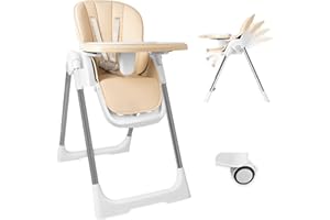 KIDSGIGGLZ Baby Hochstuhl Klappbarer 4in1, Kinderhochstuhl Multifunktionaler Verstellbar, Babystuhl mit Tablett Abnehmbares und Rollen, Kinderhochstuhl Mitwachsender mit 5-Punkt-Gurt, Kinder Essstuhl, Beige