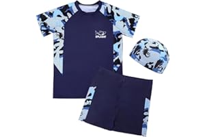 Mayoii Boys Swimming Costume,Big Kids Swim Trunks & Short Sleeve Rash Guard Shirt & Swim Cap,Two Piece Swimsuit T-Shirt Short Set