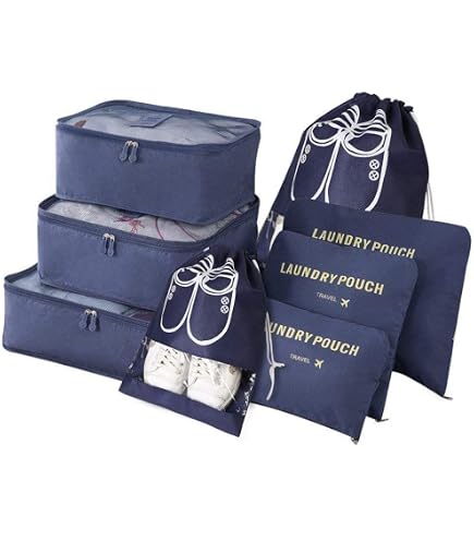 Meowoo Organizer Valigia 8 Pezzi, Packing Cubes Salvaspazio con Zip Impermeabili, Set Organizzatore per Valigie, Vestiti, Intimo e Scarpe - Sacchetti da Viaggio (Beige, 8 in 1