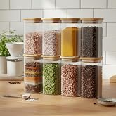 Deconox 6'lı Set 520 ml Bambu Kapaklı Kare Cam Kavanoz - 6x15 cm Vakumlu Ekstra Uzun Boy Şeffaf Erzak Kabı Spagetti Makarna K