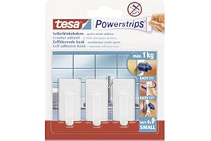 tesa Powerstrips Haken Small Classic - Selbstklebender Wandhaken für Glas, Kacheln, Holz, Kunststoff und andere Untergründe - Weiß, Klein