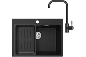 CECIPA Evier Cuisine 1 Bac 60 x 45 cm avec Robinet Cuisine Noir, Evier Noir en Granit avec Panie de Vidange, Lavabo Cuisine pour Meubles Bas de 60 cm, avec Siphon Classique et Trop-plein