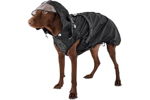 OUOBOB Hunderegenmantel wasserdicht, Regenjacke mit reflektierenden Streifen, H-Brustgeschirr (D-Ring) & Abnehmbarer Kapuze mit Visier, Ideal für mittelgroße/große Hunde [Schwarz, Größe XL]