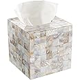 Angju Tissue Box Cover Square – Decorative Square Tissue Box Holder for Bathroom Finished in Beautiful Mother of Pearl Shells - Tissues Cube Box Cover with Durable Bottom Slider