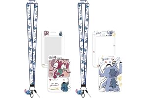 KSOPSDEY 2 piezas Lilo & Stitch Funda para Tarjeta, Cordón para El Cuello con Llavero Retráctiles, Titular de La Insignia Plástica Impermeable, para El Personal de La Oficina de Estudiantes