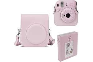 Mumlicha Étui de Protection en Cuir Synthétique pour Appareil Photo Instantané Fujifilm Instax Mini 12 - Album 64 Poches avec Bandoulière Réglable, Rose