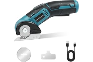 Flintronic Elektrische Schere, Kabellose Kartonschneider mit 2 Elbstschärfender Klinges, Sicherheitsschloss, USB-Ladekabel und LED-Licht, 4V Universalschneider für Pappe, Teppich, Stoff, Kunststoff