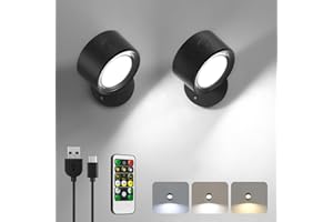 LIGHTBIZ LED Wandleuchte Innen, 2 Stück Akku Wandlampe mit Fernbedienung Kabellos Leselampe, 3 Farbmodi Dimmbar Nachttischlampe Wandlicht, 360° Drehbare Aufladbare Leuchten für Treppe Wohnzimmer Schlafzimmer