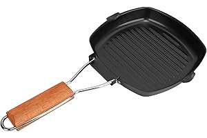 CYRANK Poêle à Steak Portative En Fonte, Poêle à Griller Antiadhésive Avec Poignée En Bois Pliante, Poele Grill Induction Plaque BBQ Poêle En Fonte Poêle Grill Carré 20 Cm