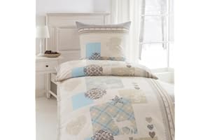 ‎BASATEX BaSaTex Feinbiber Winter Bettwäsche warme und kuschelige Bettgarnitur und Kissenbezug 135x200 + 80x80 cm | 100% Baumwolle | Kitzbühel - Landhaus - Beige Blau Grau