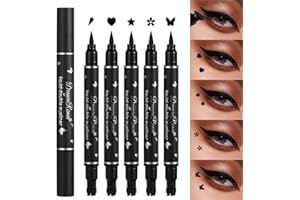 Dulele 5 PCS Black Liquid Eyeliner Stamp Pen Set, Double-Headed Waterproof Smudge-Proof Eyeliner Long Lasting Eyeliner Pen Tattoo Makeup Tool(Heart,Flower,Star,Butterfly,Triangle Seal Stamp)