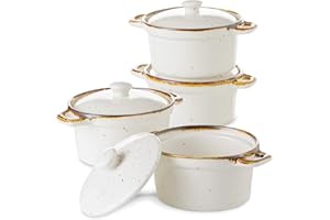 CONTENPO ONEMORE - Pirottini con coperchi, in ceramica, 350 ml, con manici e bordo marrone, per cuocere zuppe, forno olandese maculato, set di 4 cocotte rustiche per porzioni individuali, bianco crema