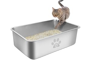 PTLOM Kuweta dla kota ze stali nierdzewnej, duża metalowa kuweta dla kota, odporna na zachlapanie, bezzapachowa i nieprzywierająca, narzędzie do czyszczenia zwierząt domowych，60x40x20cm