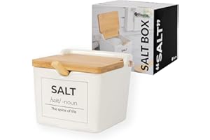 Fisura – Saliera originale con coperchio “salt”. Barattolo quadrato in ceramica con cucchiaio e tappo in legno. Porta sale da cucina, zuccheriera o barattolo spezie. 10x10x9 cm