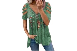 TIMEMEAN Shirts Femmes Chemise Tunique Découpée à épaules Dénudées Chemisier Fluide Imprimé Plumes à Col en V Et Fermeture à GlissièRe De Grande Taille