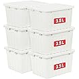 Cetomo 15L*6 Plastic Storage Box,White, Tote box,Organizing Container with Durable Lid and Secure Latching Buckles, Stackable and Nestable, 6Pack, with Buckle