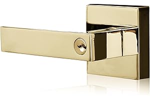 XFORT Quad Entrance Knob Set Polished Brass, Door Knob with Lock for Internal Wooden Doors, Complete Set with Tubular Latch and 3 Keys