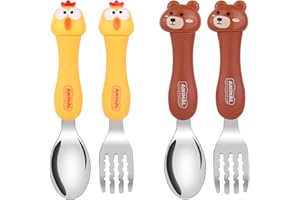 Vicloon 4pcs Tenedor y Cuchara de Acero Inoxidable para Niños, Cubiertos Infantilescon Caja Antipolvo,Utensilios para Niños Pequeños Tenedor y Cuchara para bebe Aprendizaje