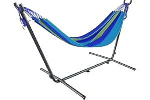 ARREDITALY Amaca Da Giardino Con Supporto In Acciaio Portata 200 Kg Altezza Regolabile Telo Cotone Resistente Amaca Brasiliana Esterno Terrazzo Piscina Balcone Con Borsa 265 x 110 x 100 Cm Multicolore (Blu)