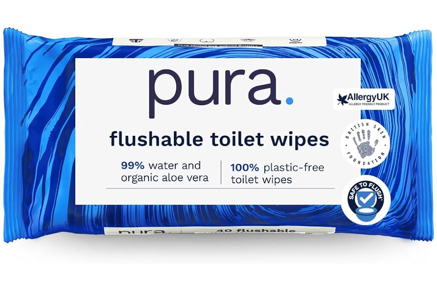 Pura Flushable Moist Toilet Tissue Wipes, 1 Pack of 40 Wet Wipes, 100% Plastic Free, 99% Water Clean Washlets, Certified ‘Fine to Flush’ Biodegradable, Compostable, Vegan, Gentle Clean