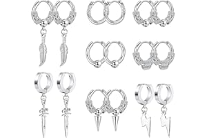 Boucles d'oreilles Homme, Lassuzie 8 Paires Boucles D'oreilles en Acier Inoxydable pour Femmes Boucles d'oreilles Plumes Punk Boucles D'oreilles Piercing Cercle