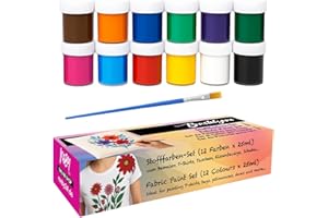 MEBY Textilfarben – Stoffmalfarben Set mit Pinsel, Waschfeste & Leuchtende Textilfarben für Kinder & Erwachsene, Ideal für T-Shirts, Taschen & Stoffe (12 Farben x 25 ml)