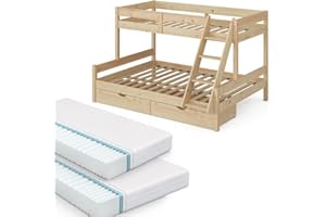 VitaliSpa Etagenbett Everest, Naturholz, 140x200 / 90x200 cm mit 2 Matratzen und 2 Schubkästen