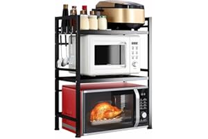 Multibao Expandable Microwave Rack Shelf, 3 Tier oven Rack Stand Storage Holder Kitchen Corner Shelf Desktop Printer Shelf Rack, Bakers Rack (Black)