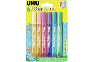 UHU Glitter Glue Shiny - Idéale loisir créatif, formule adaptée pour les enfants, lavable, multicolore, 6 tubes 10ml