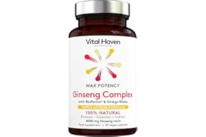 VITAL HAVEN 100% Natural - Ginseng Complex - Korean Panax Ginseng (1000mg) | Siberian Ginseng (2000mg) | Indian Ginseng (1000mg) & Ginkgo Biloba (500mg) - Max Potency - 90 Vegan Capsules - Made in The UK