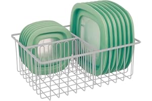 mDesign Organizador de tapaderas – Práctica cesta de almacenaje con 3 compartimentos para ordenar tapas – Moderna cesta metálica para organizar la despensa – gris claro