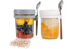 Senshuomy Overnight Oats Jars with Lids and Spoon,10 oz Airtight Breakfast Jars with Measurement Marks,Mason Jars with Lid for Salads Cereal Milk Porridge Fruit(2 Pack/White&Grey)