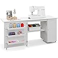 COSTWAY Folding Sewing Table, Rolling Craft Table Hobby Desk with Storage Shelves, Side Cabinet and Lockable Wheels, Space Saving Drop Leaf Sewing Machine Table Computer Desk Workstation (White)