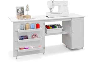 GIANTEX 2 in 1 Mobiletto Cucito, Tavolo Cucire Pieghevole, con 4 Ruote, Armadio Versatile in Legno, per Salone/Salotto/Ufficio, Carico di 55kg, 158,5x50x74cm (Bianco)