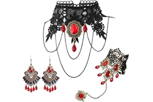 Aabellay Gothic Spitze Choker Halskette Armbänder Ohrringe Damen Schwarz Kette Gotisch Kostüm Fingerlose Handschuhe Retro Victorian Collier Vintage Halsband Halloween Halskette Set- K009