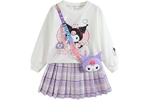 Satdflie Anime Conjunto Falda y Top para Niñas Jersey Manga Larga + Mini Falda Plisada + Bolso de Dibujos Animados 3 Piezas Traje